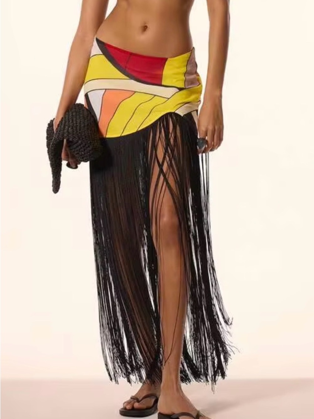 Black Fringe Maxi Skirt with Colorblock Waistband